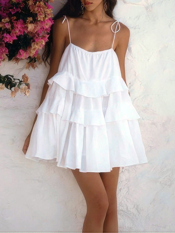 A-Line High Waisted Backless Layered Pleated Solid Color Spaghetti-Neck Mini Dresses