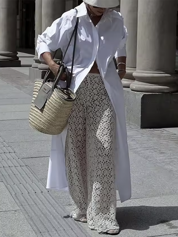 Long Sleeves Solid Color Split-Joint Lapel Maxi Dresses Shirt Dress