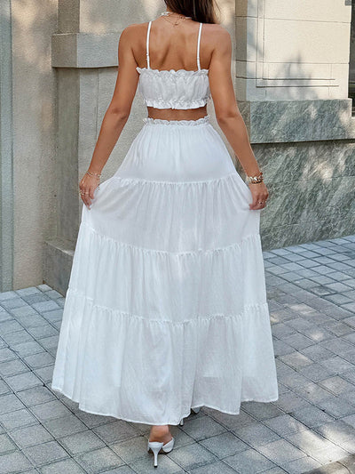 Solid Color Pleated Cropped Ruffled Spaghetti-Neck + A-Line Skirts Bottoms Top Two Pieces Set