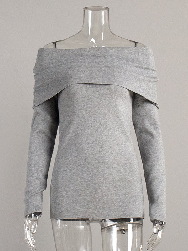 Long Sleeves Loose Solid Color Off-The-Shoulder Pullovers Sweater Tops