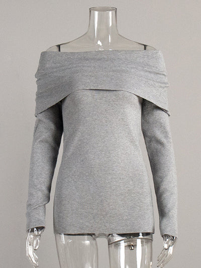 Long Sleeves Loose Solid Color Off-The-Shoulder Pullovers Sweater Tops