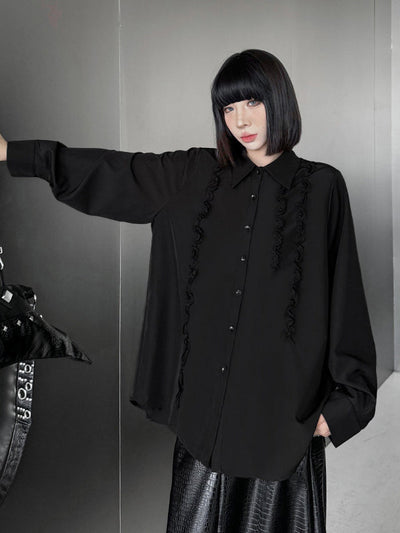 Hipster Long Sleeves Buttoned Falbala Ruffled Solid Color Split-Joint Lapel Blouses&Shirts Tops