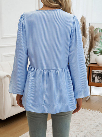Long Sleeves Loose Elasticity Pleated Striped Tied Round-Neck Blouses&Shirts Tops