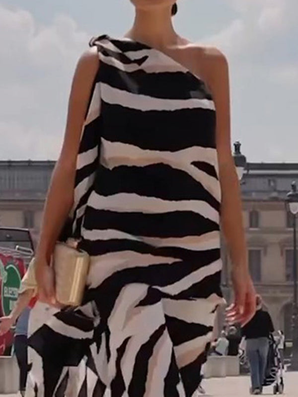 Loose Sleeveless Asymmetric Zebra-Stripe One-Shoulder Vest Top