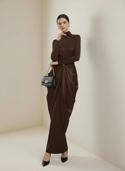 Long Sleeves Buckle Draped High-Neck Evening Dresses Maxi Dresses