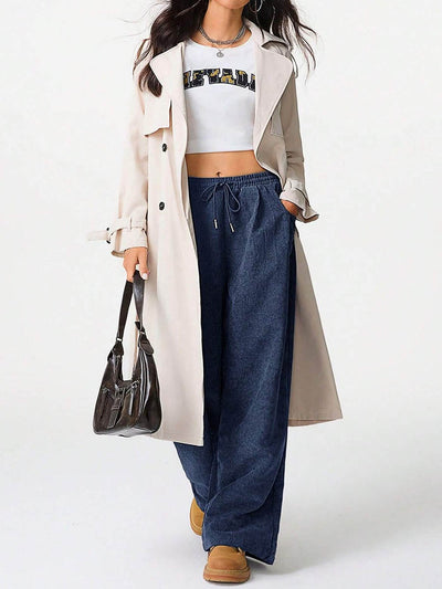 High Waisted Wide Leg Drawstring Elasticity Pockets Solid Color Pants Trousers