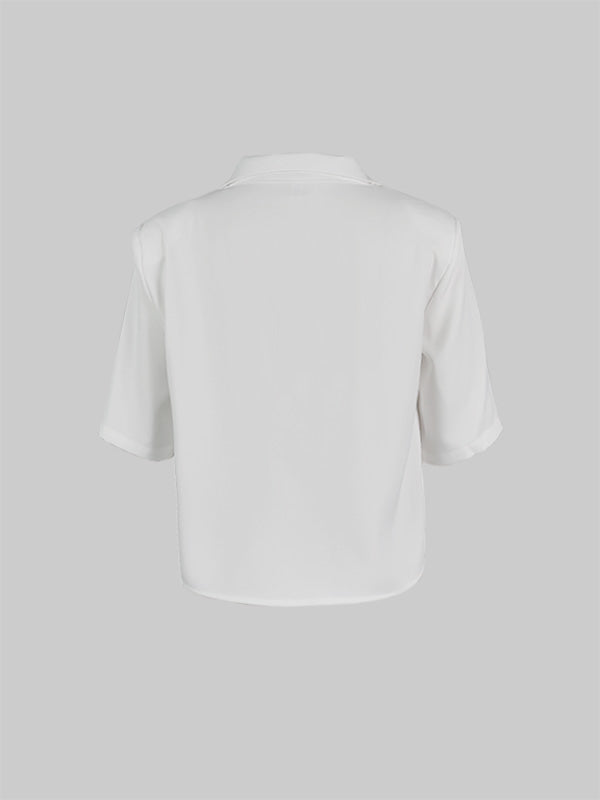 Half Sleeves Loose Solid Color Split-Joint Stand Collar Blouses&Shirts Tops