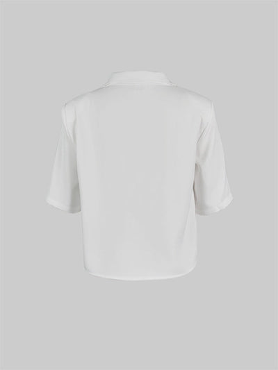 Half Sleeves Loose Solid Color Split-Joint Stand Collar Blouses&Shirts Tops