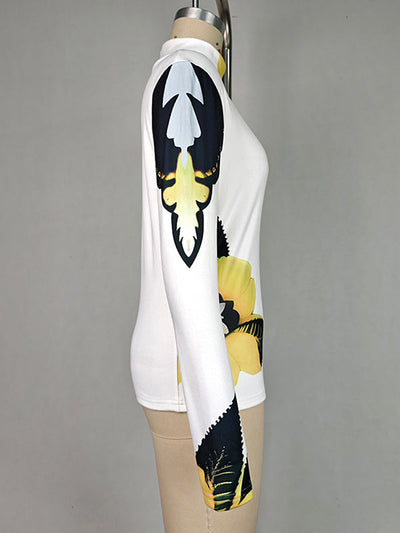 Long Sleeves Skinny Flower Print High Neck T-Shirts Tops