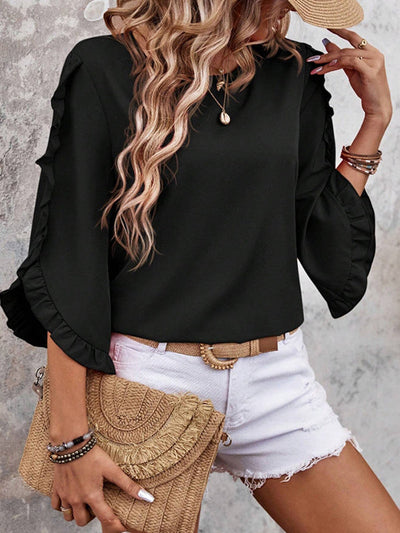 Loose Three-Quarter Sleeves Ruffle Trim Solid Color Round-Neck T-Shirts Tops