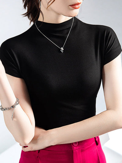 Short Sleeves Skinny Solid Color Mock Neck T-Shirts Tops