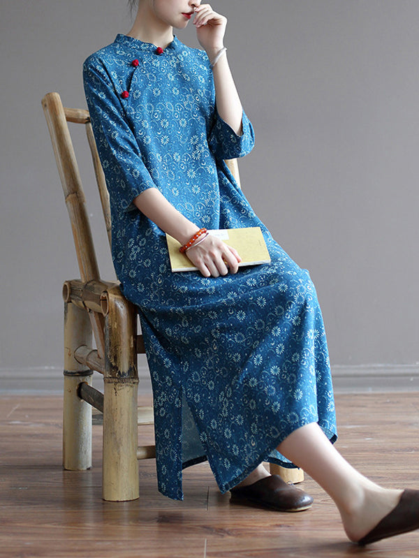 Original Solid Floral Stand Collar Midi Dress