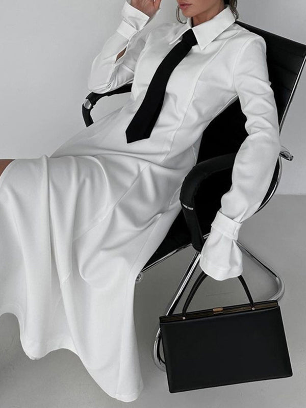 A-Line Flared Sleeves Buttoned Solid Color Split-Joint Split-Side Lapel Maxi Dresses Shirt Dress