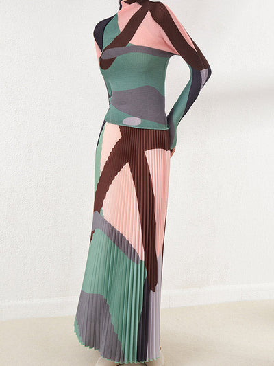 Long Sleeves Contrast Color Pleated Mock Neck T-Shirts Tops