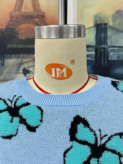 Original Long Sleeves Loose Butterfly Print Contrast Color Round-Neck Sweater Tops