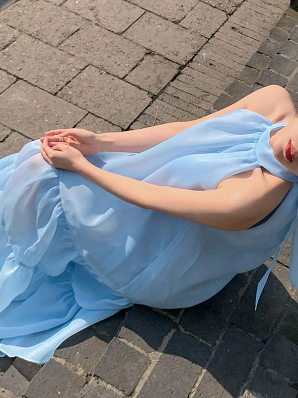 Loose Sleeveless Solid Color Halter-Neck Midi Dresses