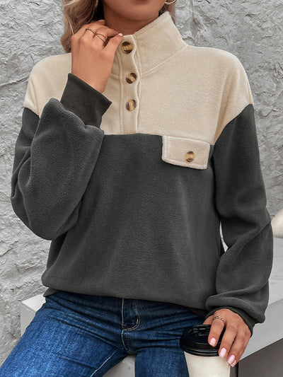 Long Sleeves Loose Buttoned Contrast Color Split-Joint Velvet Stand Collar Sweatshirt Tops