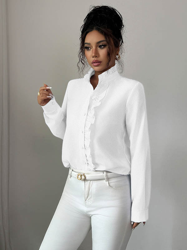 Long Sleeves Skinny Buttoned Ruffled Split-Joint Striped Stand Collar Blouses&Shirts Tops