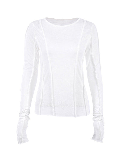 Long Sleeves Skinny Pleated Solid Color Round-Neck T-Shirts