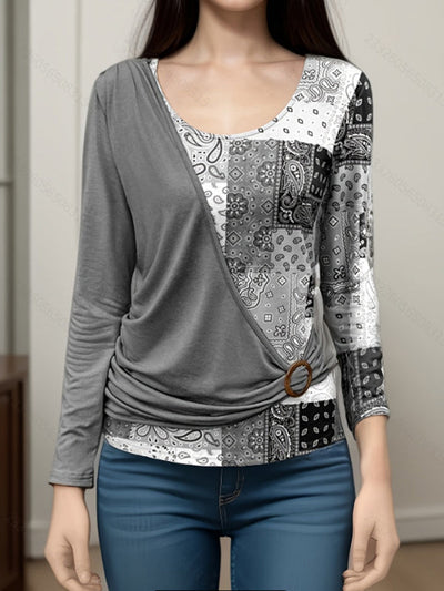 Irregularity Long Sleeves Asymmetric Buckle Contrast Color Pleated Split-Joint Round-Neck T-Shirts Tops