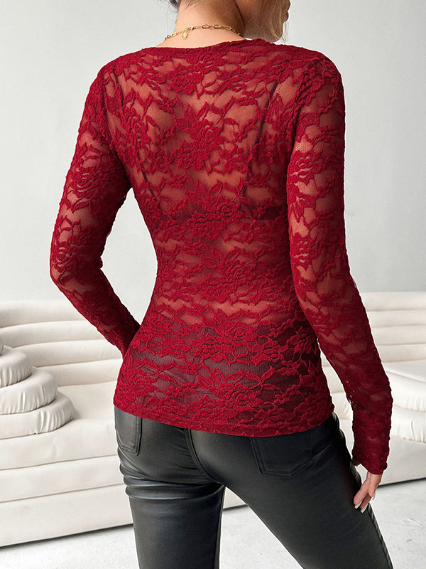Long Sleeves Skinny See-Through Solid Color Deep V-Neck T-Shirts