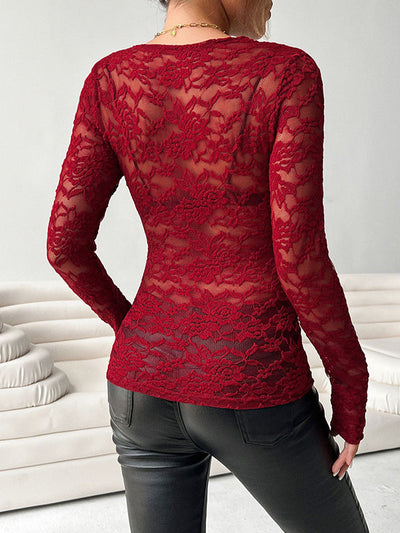 Long Sleeves Skinny See-Through Solid Color Deep V-Neck T-Shirts