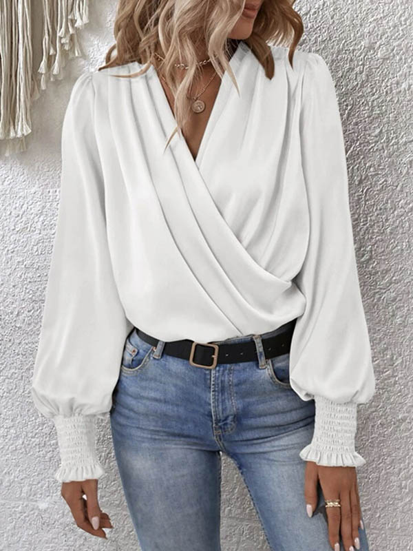 Long Sleeves Loose Elasticity Solid Color V-Neck Blouses&Shirts Tops