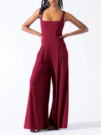 Loose Sleeveless Pleated Solid Color Spaghetti-Neck Jumpsuits