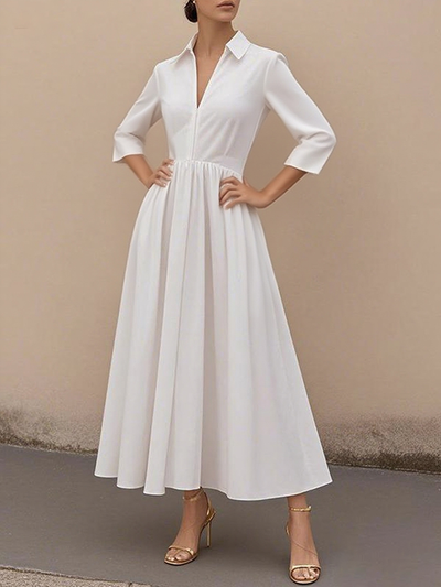 A-Line High Waisted V-Neck Solid Color Maxi Dresses