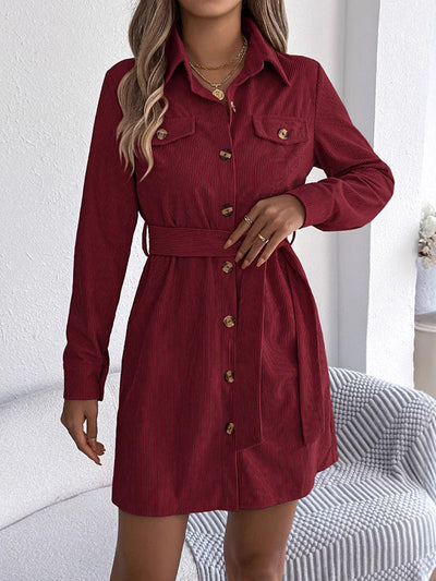 Elasticated Waist Long Sleeves Belted Buttoned Single-Breasted Solid Color Lapel Collar Mini Dresses Shirt Dress