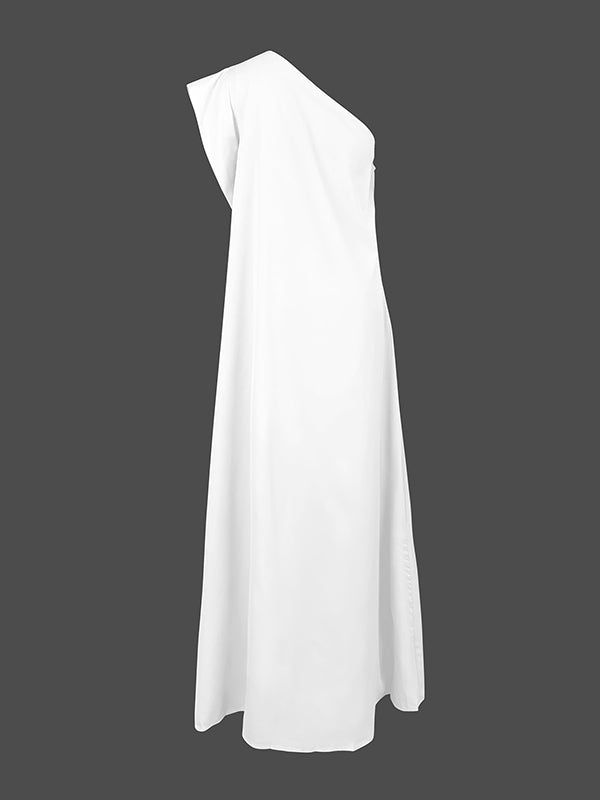 Loose Asymmetric Solid Color Split-Joint One-Shoulder Maxi Dresses