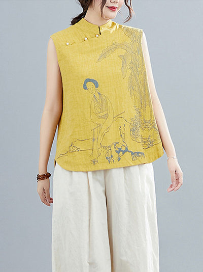 Artistic Retro Chinese-Style Printed Buttoned Stand Collar Sleeveless Vest