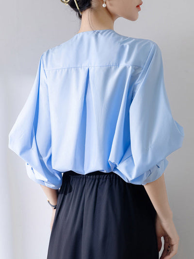 Half Sleeves Loose Buttoned Pleated Solid Color Round-Neck Blouses&Shirts Tops