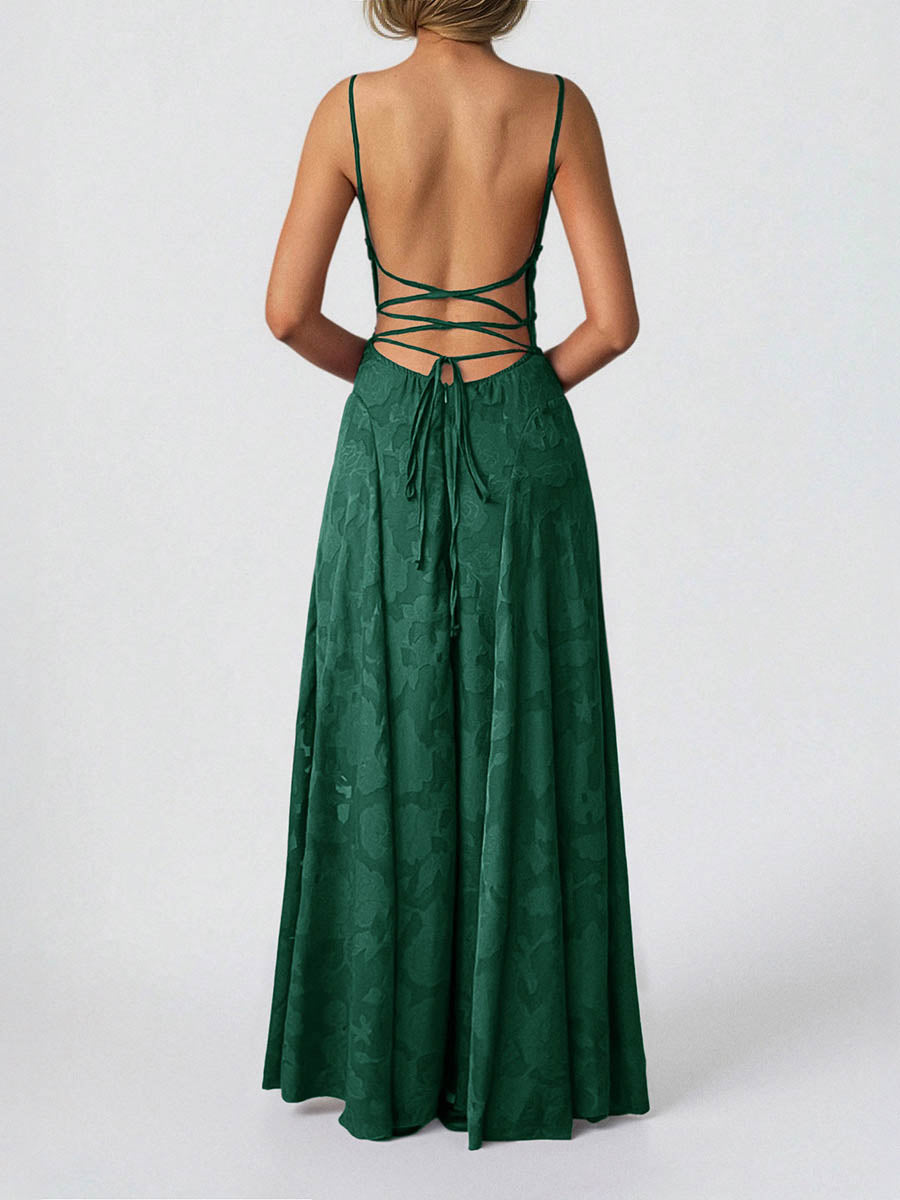 A-Line High Waisted Jacquard Pleated Solid Color Spaghetti-Neck Maxi Dresses