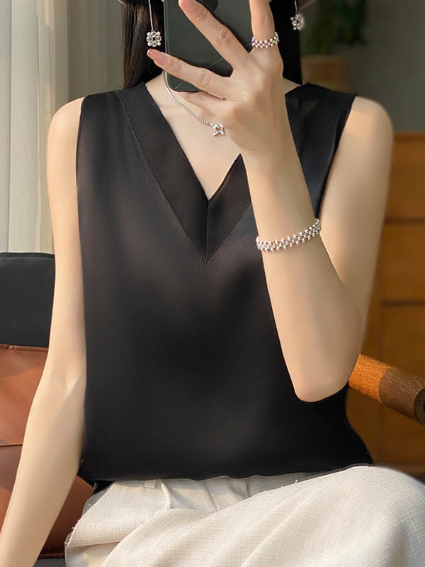 Loose Sleeveless Solid Color V-Neck Vest Top