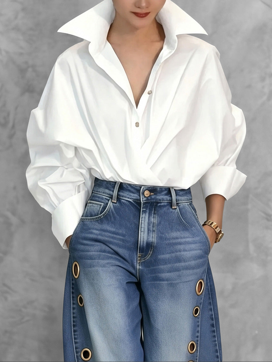 Batwing Sleeves Long Sleeves Buttoned Solid Color Lapel Blouses&Shirts Tops