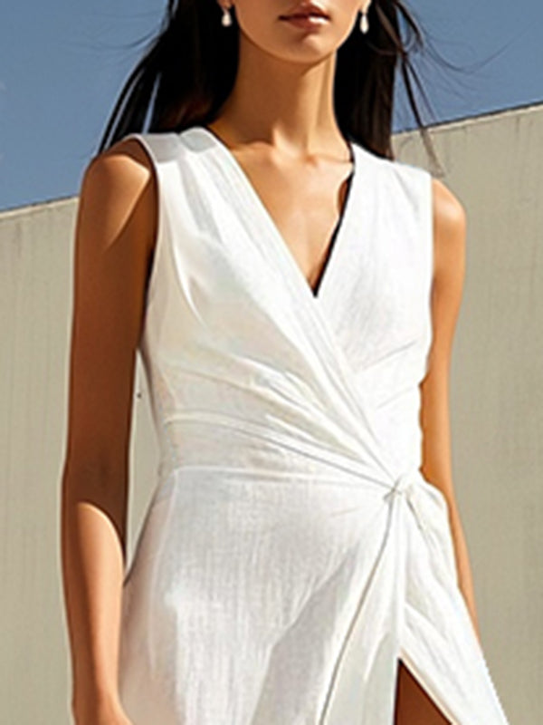 Sleeveless Asymmetric Solid Color Split-Joint Split-Side V-Neck Maxi Dresses