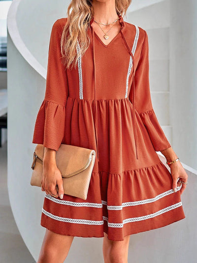 Flared Sleeves High Waisted Pleated Split-Joint V-Neck Mini Dresses
