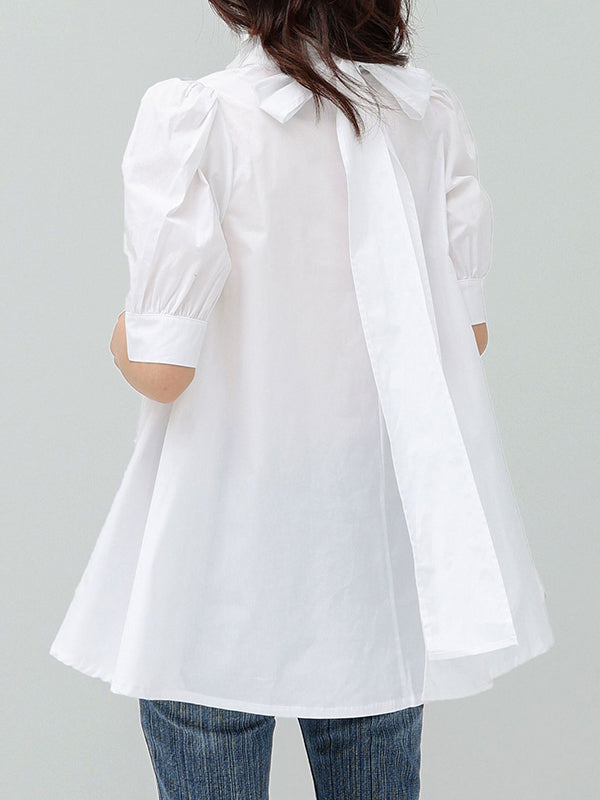 Casual Loose Bow-Embellished Solid Color Blouse