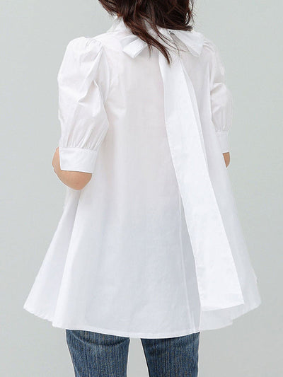 Casual Loose Bow-Embellished Solid Color Blouse