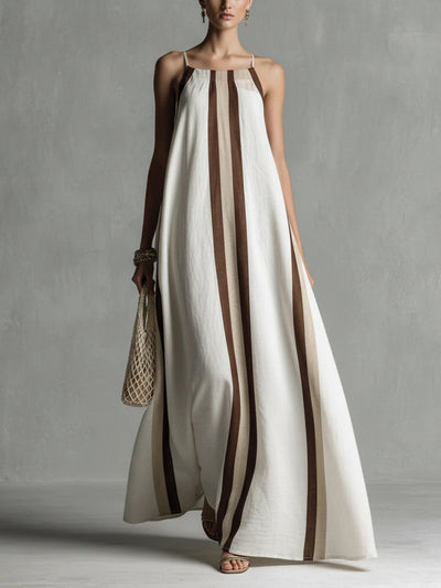 A-Line Loose Contrast Color Pleated Spaghetti-Neck Maxi Dresses