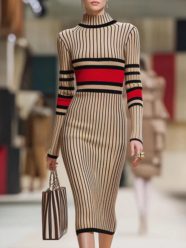 Long Sleeves Skinny Contrast Color Striped High Neck Midi Dresses Sweater Dresses