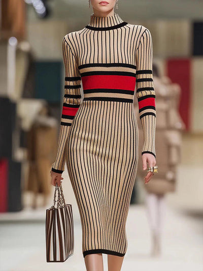 Long Sleeves Skinny Contrast Color Striped High Neck Midi Dresses Sweater Dresses