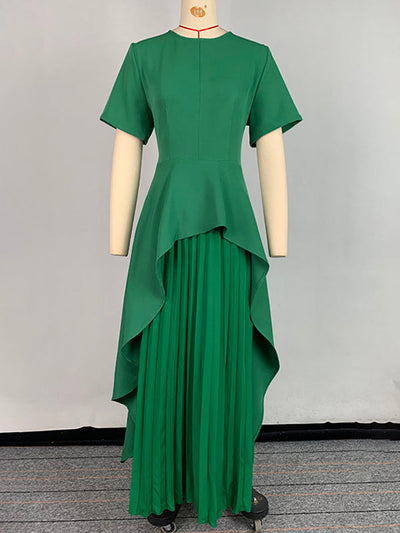 A-Line High Waisted Pleated Solid Color Split-Joint Round-Neck Maxi Dresses