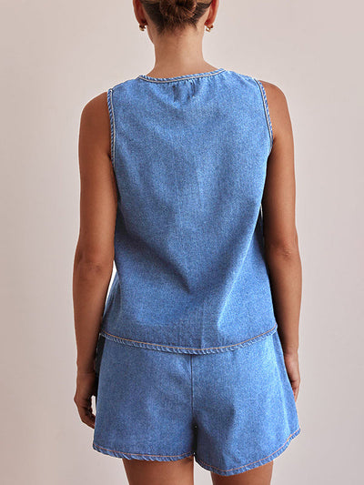 Loose Sleeveless Lace-Up Split-Joint Round-Neck Vest Top