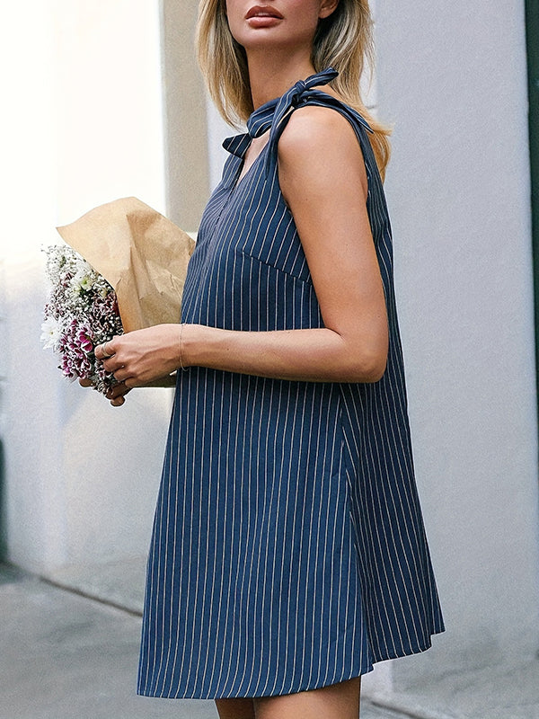 Sleeveless Bowknot Split-Joint Striped V-Neck Mini Dresses Shirt Dress