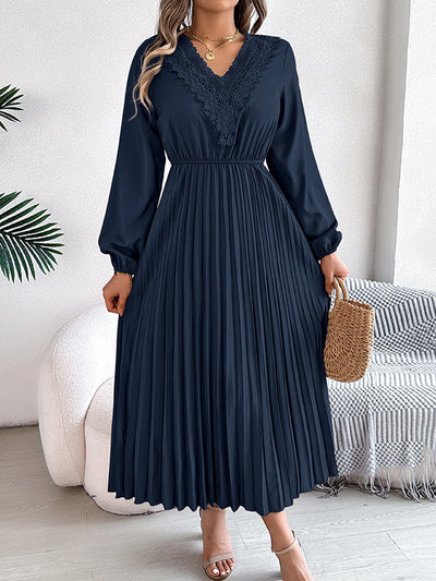 Elasticated Waist High Waisted Pleated Solid Color V-Neck Midi Dresses