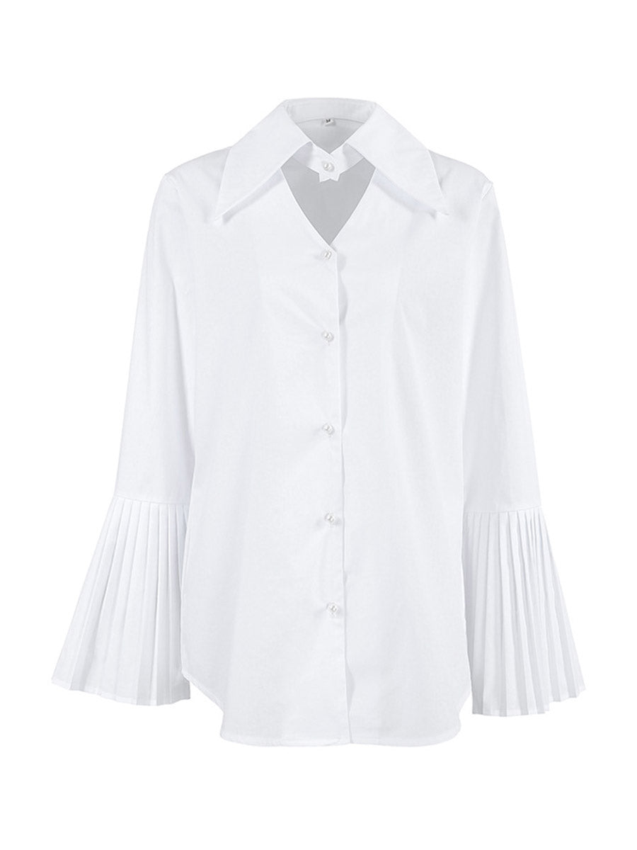 Flared Sleeves Long Sleeves Buttoned Hollow Pleated Solid Color Split-Joint Lapel Blouses&Shirts Tops