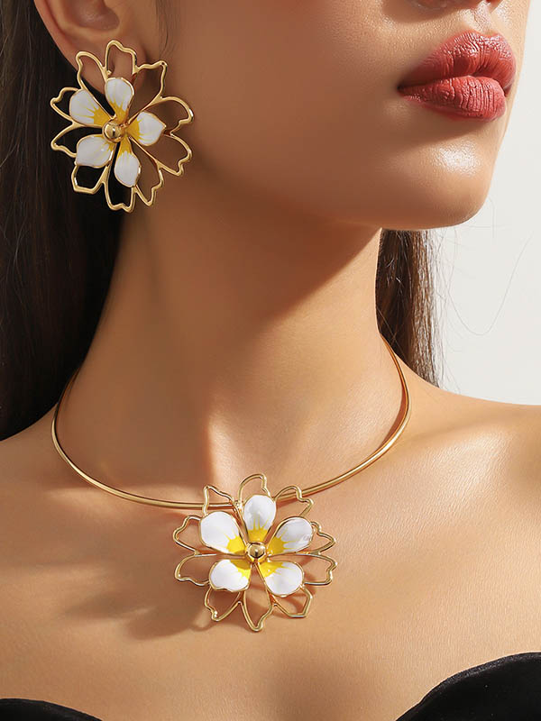 Flower Shape Hollow Leopard Earrings Accessories + Necklaces Accessories Three Pieces