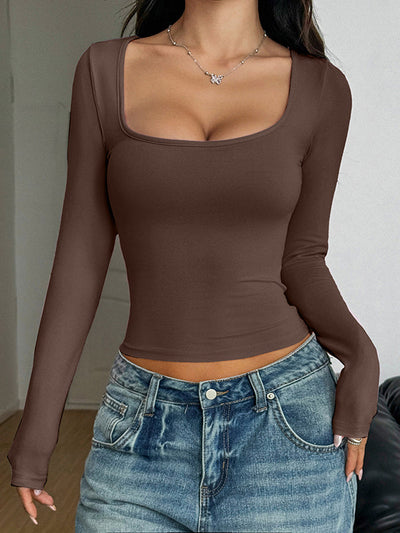 Long Sleeves Skinny Solid Color Square-Neck T-Shirts Tops